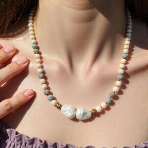 Sand and Salt. Elegantly simple  long beaded necklace in naturals/Soft aquas and